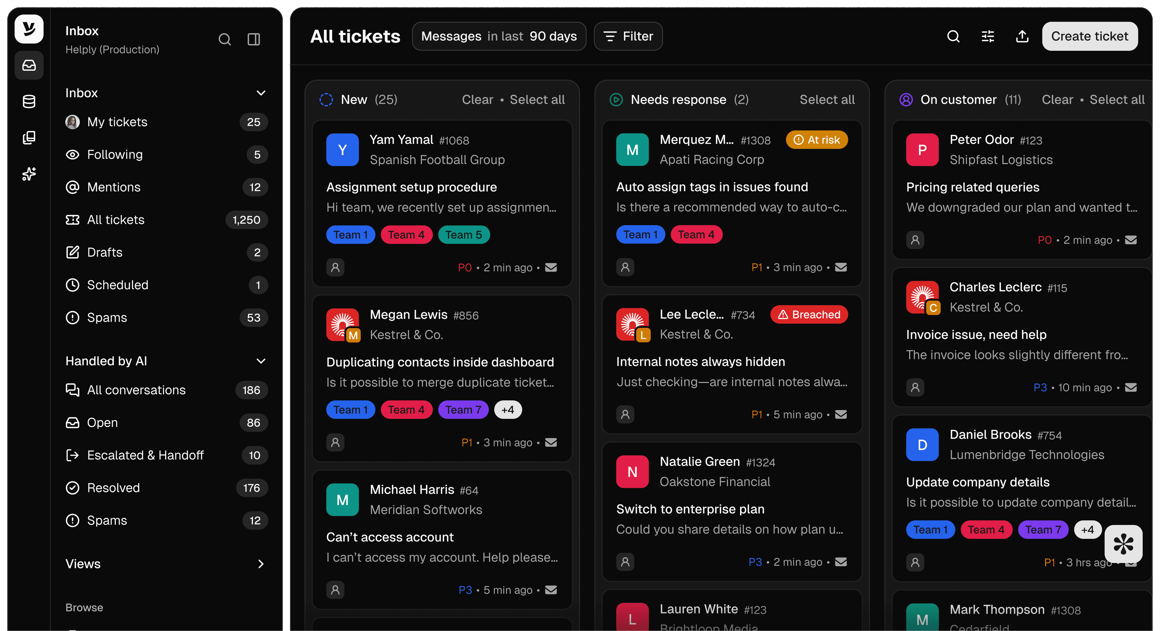 Helply support inbox showing the All tickets board with New, Needs Response, and On Customer columns
