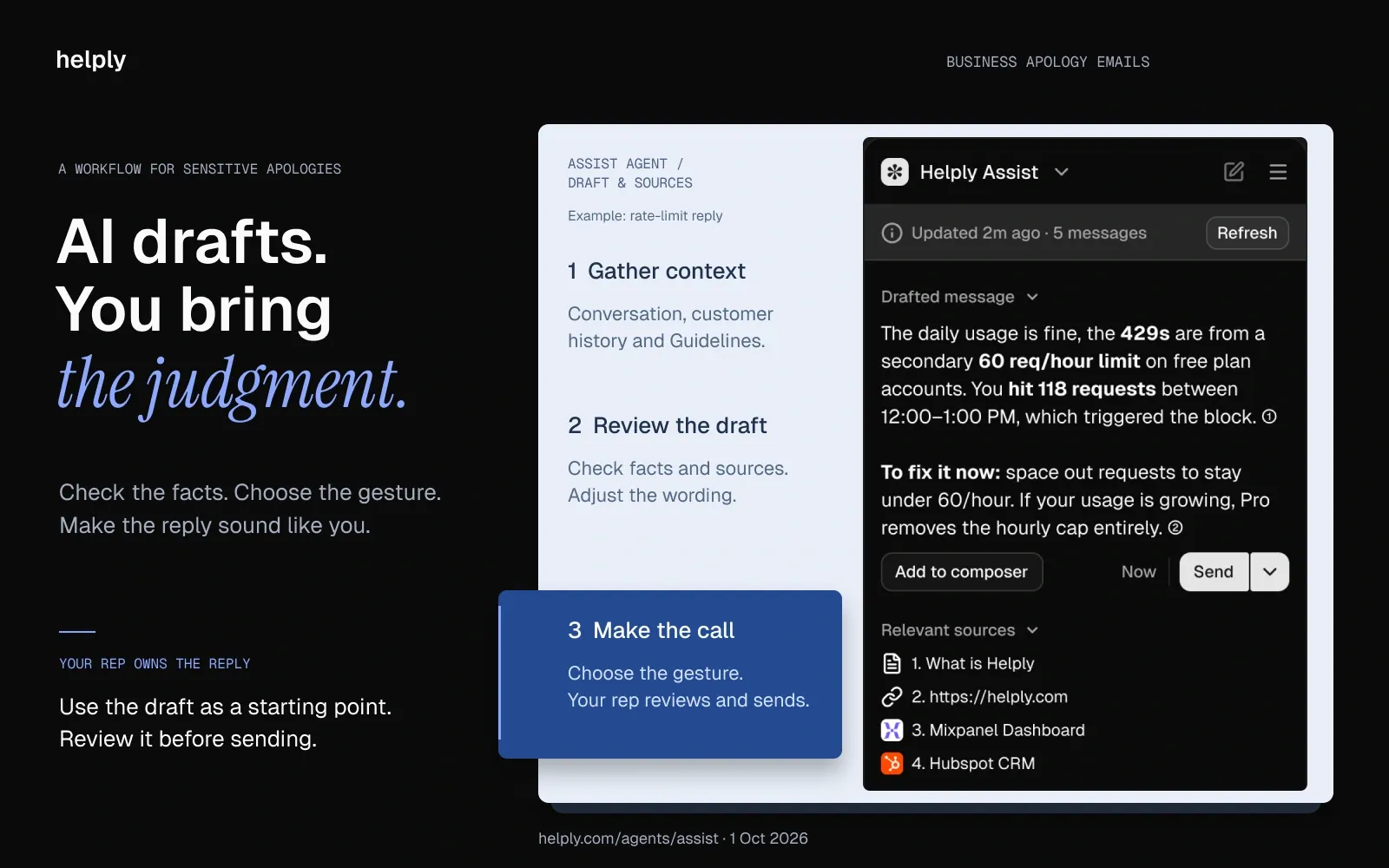 Helply Assist Agent draft and source list beside a workflow for gathering context, reviewing the reply and choosing an apology gesture before sending.